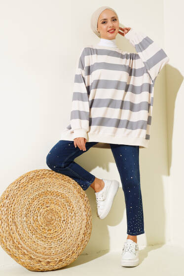 Kalın Çizgili Oversize Tunik Gri - Tunik