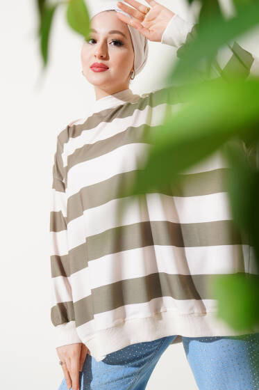 Kalın Çizgili Oversize Tunik Haki - Tunik