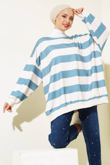 Kalın Çizgili Oversize Tunik İndigo - Tunik