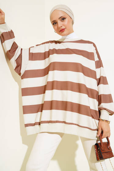 Kalın Çizgili Oversize Tunik Kahve - Tunik