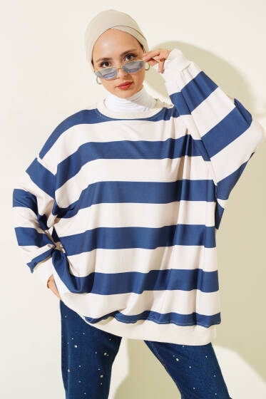 Kalın Çizgili Oversize Tunik Lacivert - Tunik