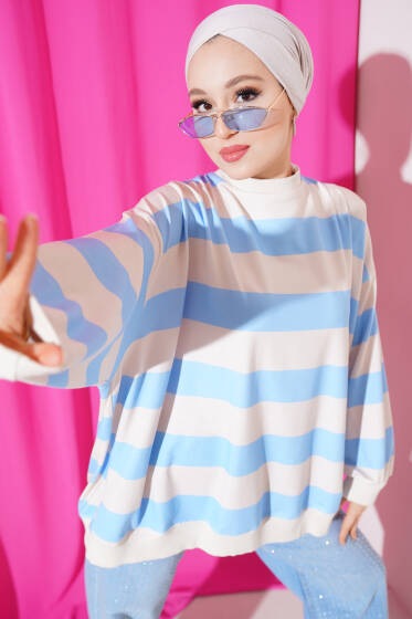 Kalın Çizgili Oversize Tunik Mavi - Tunik