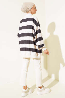 Kalın Çizgili Oversize Tunik Siyah - Tunik