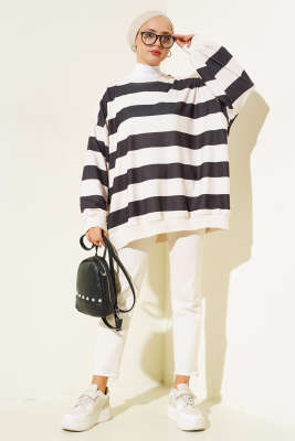 Kalın Çizgili Oversize Tunik Siyah - Tunik