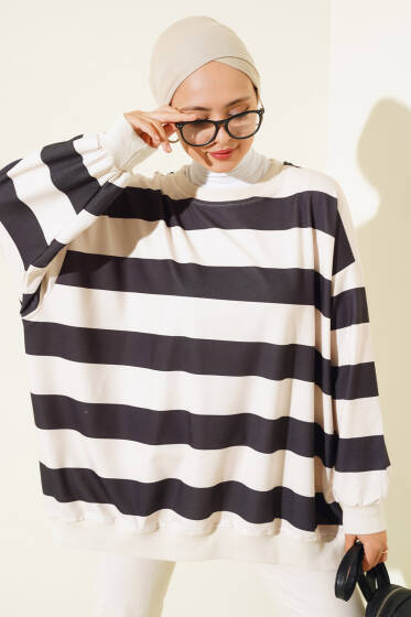 Kalın Çizgili Oversize Tunik Siyah - Tunik