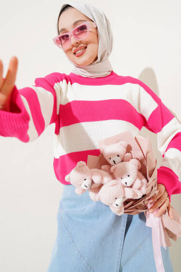 Kalın Çizgili Triko Crop Kazak Fuşya - Triko