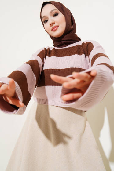 Kalın Çizgili Triko Crop Kazak Pudra - Triko