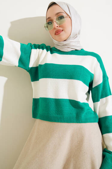 Kalın Çizgili Triko Crop Kazak Zümrüt - Triko