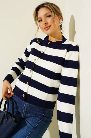 Kalın Çizgili Triko Hırka Bej Lacivert - Kadın Giyim Modelleri