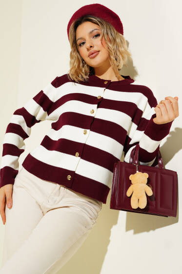 Kalın Çizgili Triko Hırka Bordo Ekru - Kadın Giyim Modelleri