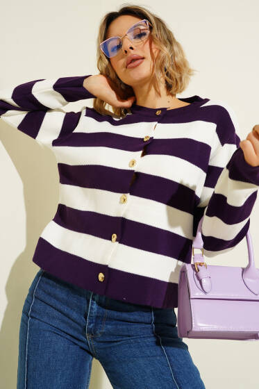 Kalın Çizgili Triko Hırka Mor - Kadın Giyim Modelleri