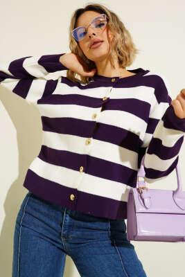 Kalın Çizgili Triko Hırka Mor 