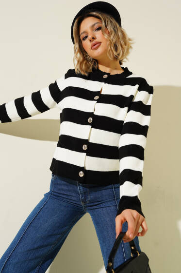 Kalın Çizgili Triko Hırka Siyah Ekru - Kadın Giyim Modelleri