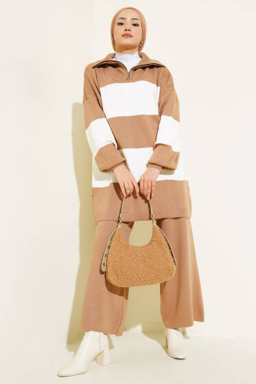 Kalın Çizgili Yarım Fermuarlı Triko Takım Büsküvi - İkili Takım