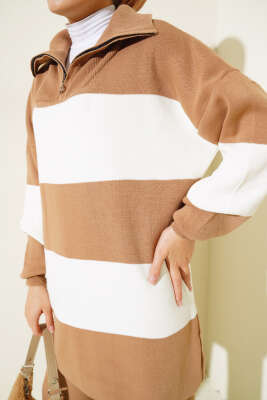 Kalın Çizgili Yarım Fermuarlı Triko Takım Büsküvi - Triko İkili Takım