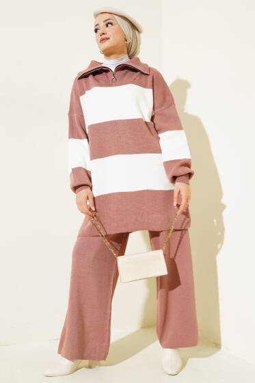 Kalın Çizgili Yarım Fermuarlı Triko Takım Gül Kurusu - İkili Takım