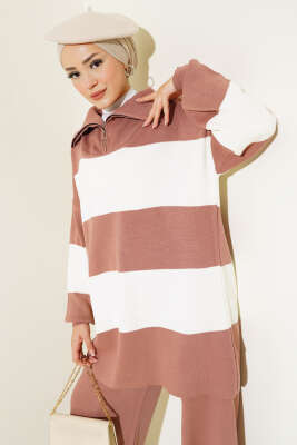 Kalın Çizgili Yarım Fermuarlı Triko Takım Gül Kurusu - Triko İkili Takım