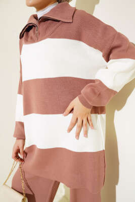 Kalın Çizgili Yarım Fermuarlı Triko Takım Gül Kurusu - Triko İkili Takım