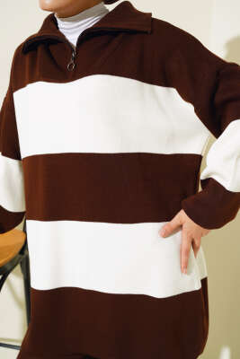 Kalın Çizgili Yarım Fermuarlı Triko Takım Kahve - Triko İkili Takım