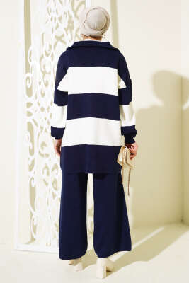 Kalın Çizgili Yarım Fermuarlı Triko Takım Lacivert - Triko İkili Takım
