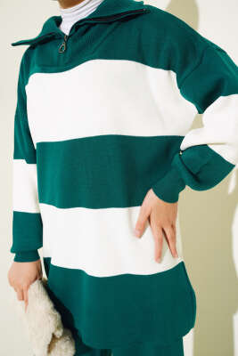 Kalın Çizgili Yarım Fermuarlı Triko Takım Nefti - Triko İkili Takım