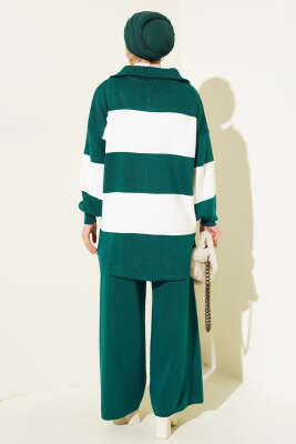 Kalın Çizgili Yarım Fermuarlı Triko Takım Nefti - Triko İkili Takım