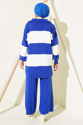 Kalın Çizgili Yarım Fermuarlı Triko Takım Saks - Triko İkili Takım