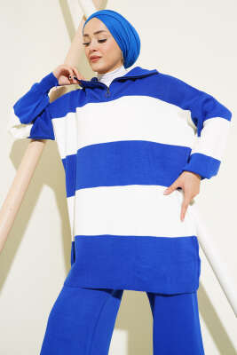 Kalın Çizgili Yarım Fermuarlı Triko Takım Saks - Triko İkili Takım