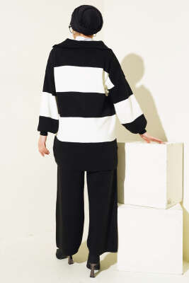 Kalın Çizgili Yarım Fermuarlı Triko Takım Siyah - Triko İkili Takım