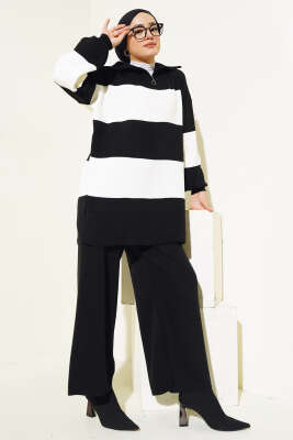 Kalın Çizgili Yarım Fermuarlı Triko Takım Siyah - Triko İkili Takım