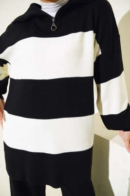 Kalın Çizgili Yarım Fermuarlı Triko Takım Siyah - Triko İkili Takım