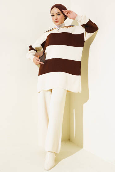 Kalın Çizgili Yarım Fermuarlı Triko Takım Taş - İkili Takım