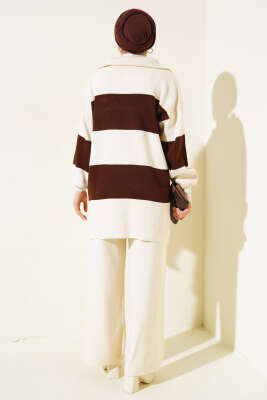 Kalın Çizgili Yarım Fermuarlı Triko Takım Taş - Triko İkili Takım