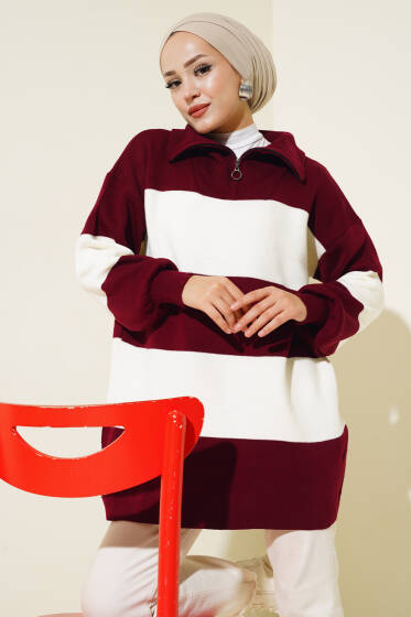 Kalın Çizgili Yarım Fermuarlı Triko Tunik Bordo - Spor Tunik