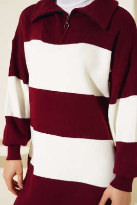 Kalın Çizgili Yarım Fermuarlı Triko Tunik Bordo - Triko Tunik