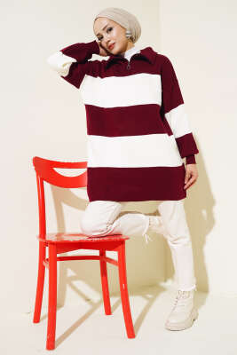 Kalın Çizgili Yarım Fermuarlı Triko Tunik Bordo - Triko Tunik