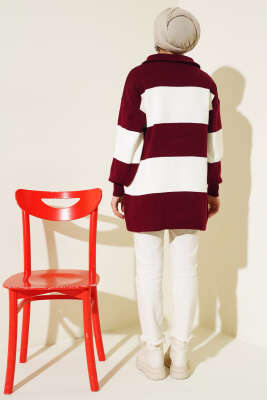 Kalın Çizgili Yarım Fermuarlı Triko Tunik Bordo - Triko Tunik