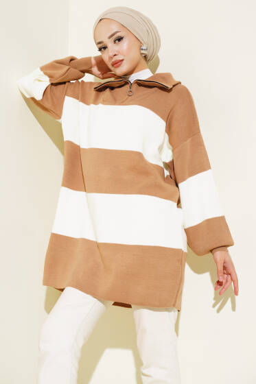 Kalın Çizgili Yarım Fermuarlı Triko Tunik Büsküvi - Spor Tunik