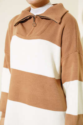 Kalın Çizgili Yarım Fermuarlı Triko Tunik Büsküvi - Triko Tunik