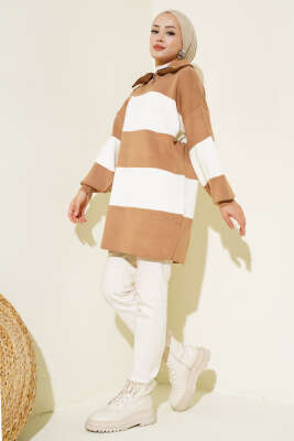 Kalın Çizgili Yarım Fermuarlı Triko Tunik Büsküvi - Triko Tunik