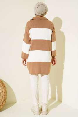 Kalın Çizgili Yarım Fermuarlı Triko Tunik Büsküvi - Triko Tunik