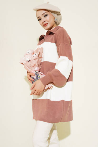 Kalın Çizgili Yarım Fermuarlı Triko Tunik Gül Kurusu - Tunik