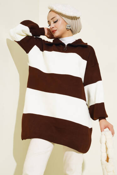 Kalın Çizgili Yarım Fermuarlı Triko Tunik Kahve - Triko Tunik