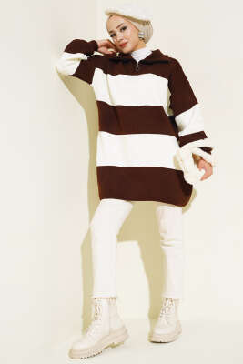 Kalın Çizgili Yarım Fermuarlı Triko Tunik Kahve - Triko Tunik