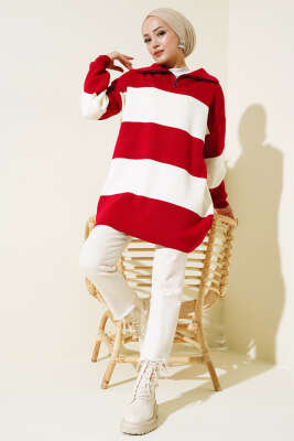 Kalın Çizgili Yarım Fermuarlı Triko Tunik Kırmızı - Triko Tunik