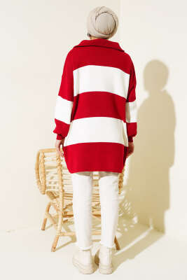 Kalın Çizgili Yarım Fermuarlı Triko Tunik Kırmızı - Triko Tunik