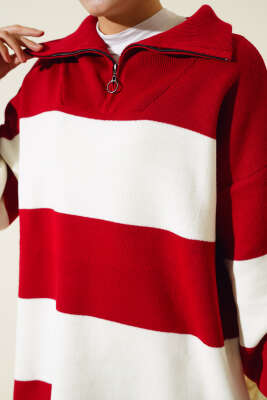 Kalın Çizgili Yarım Fermuarlı Triko Tunik Kırmızı - Triko Tunik