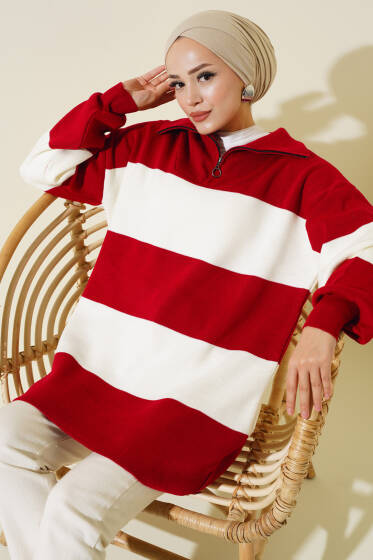 Kalın Çizgili Yarım Fermuarlı Triko Tunik Kırmızı - Triko Tunik