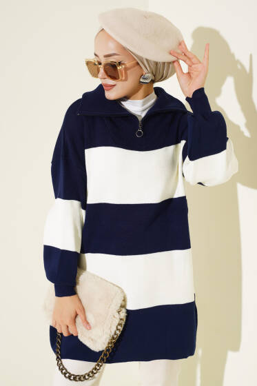 Kalın Çizgili Yarım Fermuarlı Triko Tunik Lacivert - Spor Tunik