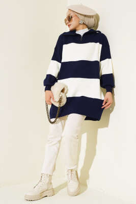 Kalın Çizgili Yarım Fermuarlı Triko Tunik Lacivert - Triko Tunik